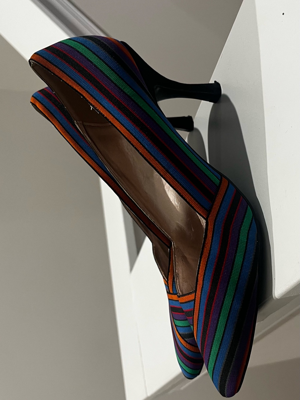 Vintage Multi-Color Stripe Fabric Kitten Heel Pumps by Impo